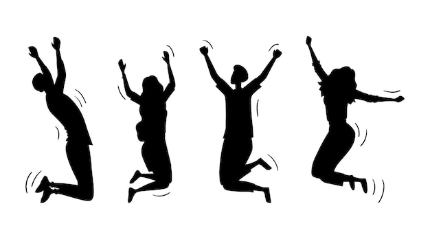 Silhouettes Of Young Funny Teens Boys And Girls Jumping Together