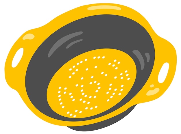 Силиконовый дуршлаг желтого с серым цветом. Кухонный инструмент. Ручная рисованная векторная иллюстрация.