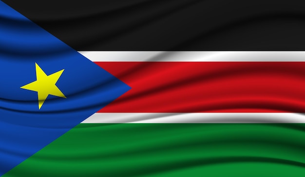 南スーダンのシルクサテンテクスチャ背景のシルク手を振る旗