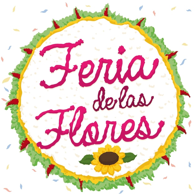 스페인어로 작성된 콜롬비아 꽃 축제를 위해 해바라기와 꽃잎 비가 내리는 실레타