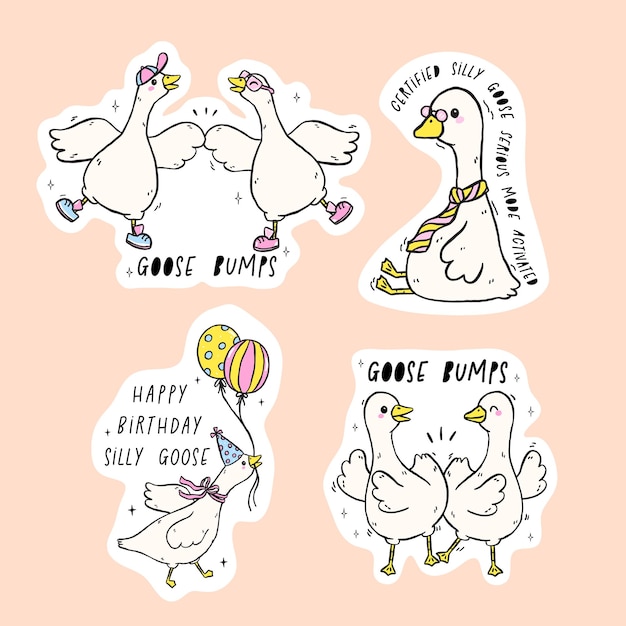 silly goose on the loose meme funny quote sticker set hand drawn retro cartoon pack