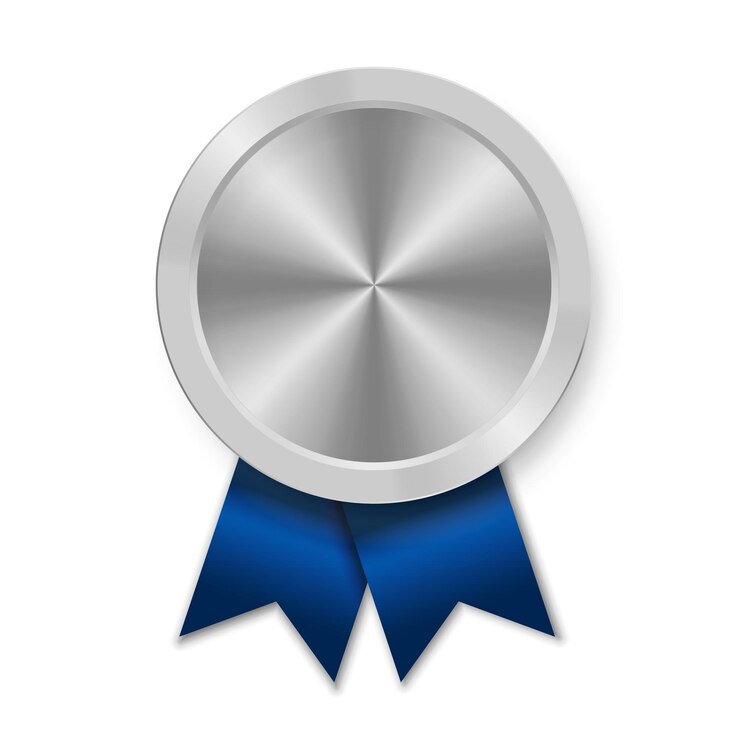 Vector silver award sport medal for winners with blue ribbon second place trophy honor badges