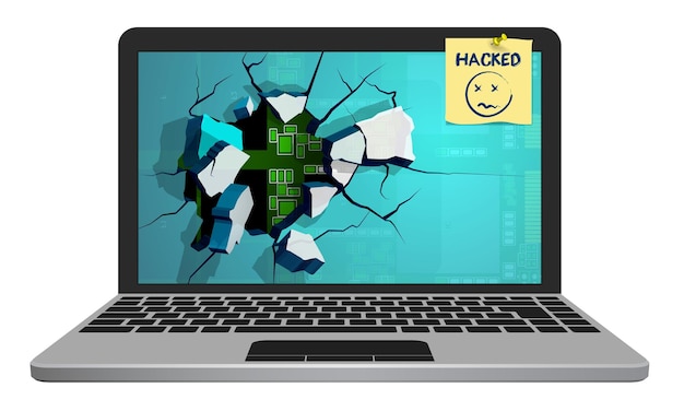 Silver broken laptop hacked by hacker with screen flying into fragments Computer security reliability of data storage in network Installation of security programs Vector