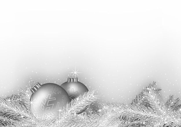 Вектор Серебряный новогодний фон с шарами и сверкающими ветками деревьев