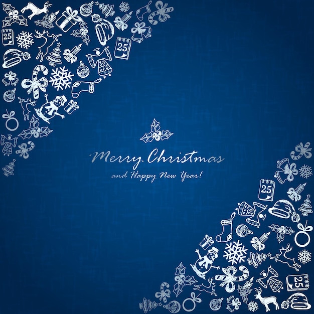 Silver christmas elements in corner on blue background