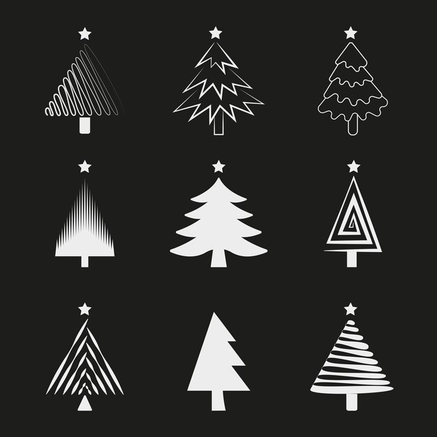 Vector silver christmas trees vector collection set on black background