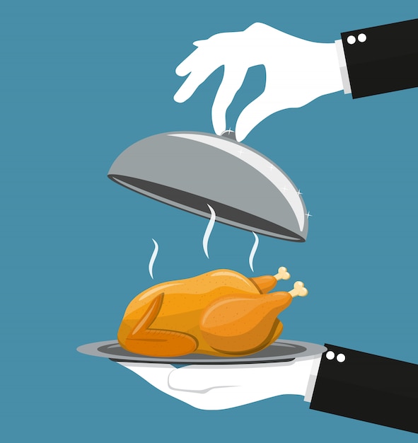 Vector silver cloche serving roasted chicken on plate.