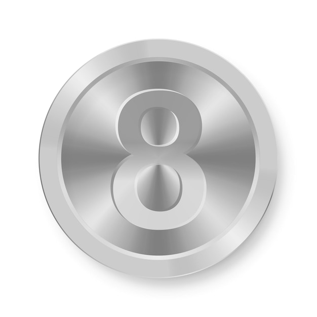 Silver coin with number eight Concept of internet icon Eight medal