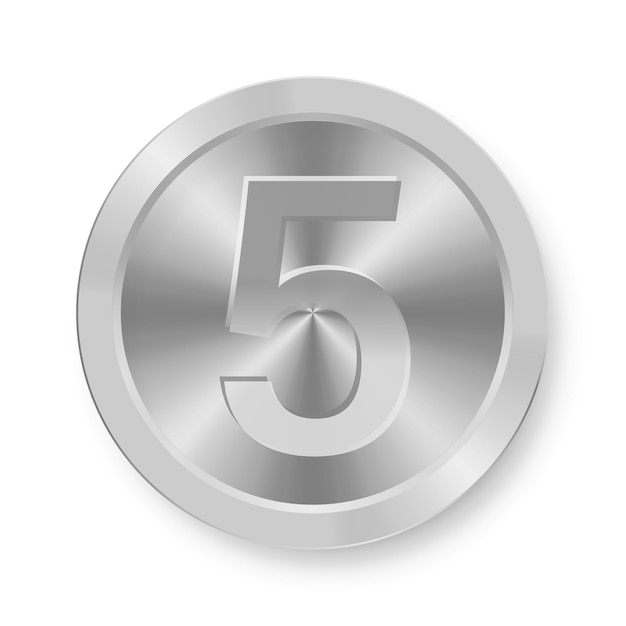 Silver coin with number five Concept of internet icon Five medal