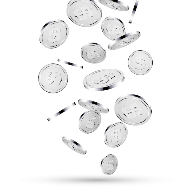 Silver coins falling on white. 3d silver money isolated coins background concept for business.