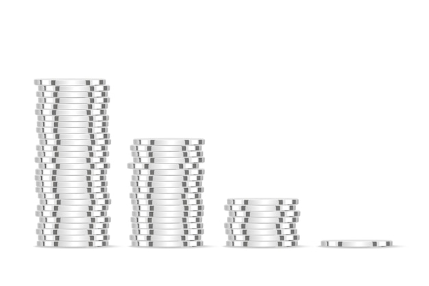 Vettore monete d'argento. monete bianche 3d realistiche isolate su sfondo bianco. moneta di metallo dollaro. illustrazione vettoriale