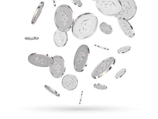 Vector silver coins. realistic 3d white money isolated on white background. dollar metal coin. vector illustration