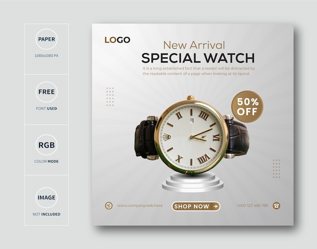 Silver color classic watch product social media instagram banner post banner template