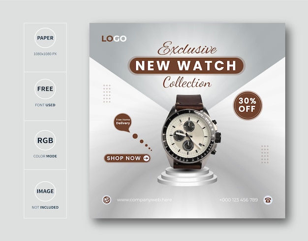 Vector silver color classic watch product social media instagram banner post banner template