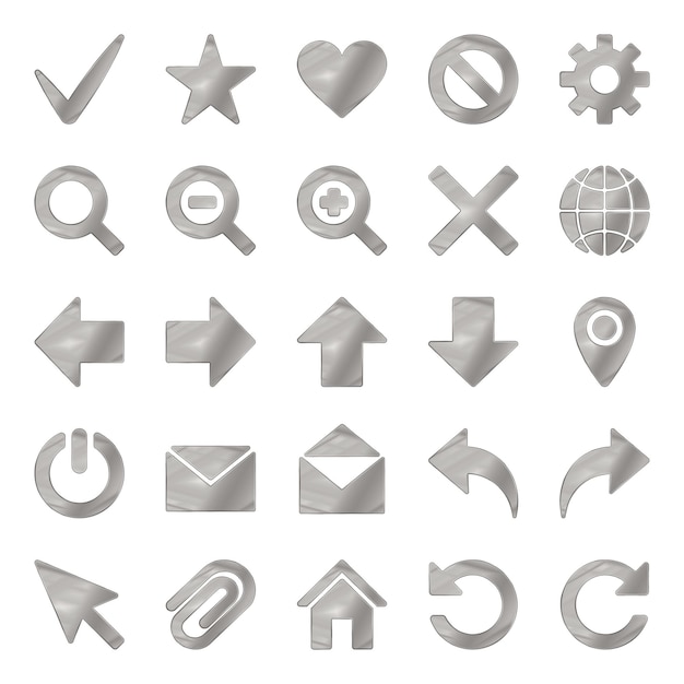 Vector silver colored metal chrome web icons set vector illustration interface multimedia icon