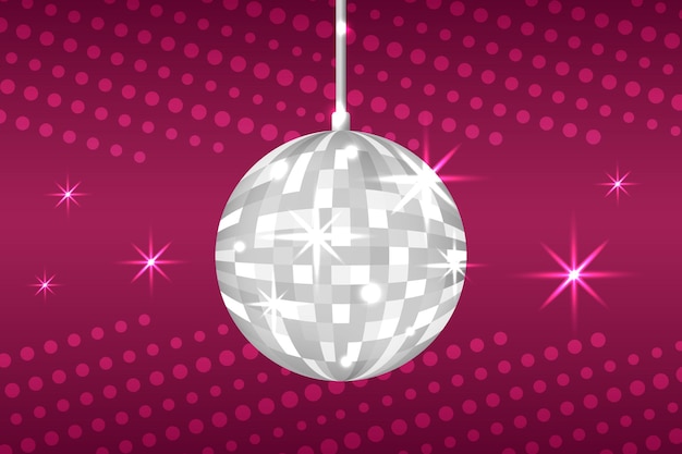 Silver disco ball on red background Glowing discoball Night club party equipment Shiny mirror ball
