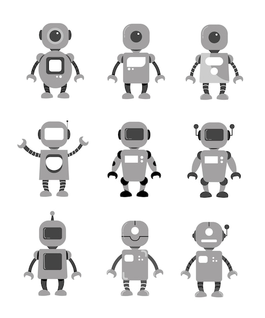 Вектор Набор символов серебряных электронных роботов плоский дизайн