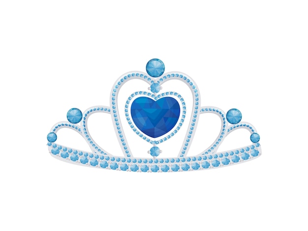 Vector silver elegant diadem with a large blue heartshaped gem and small round sapphires vector illustration on white background