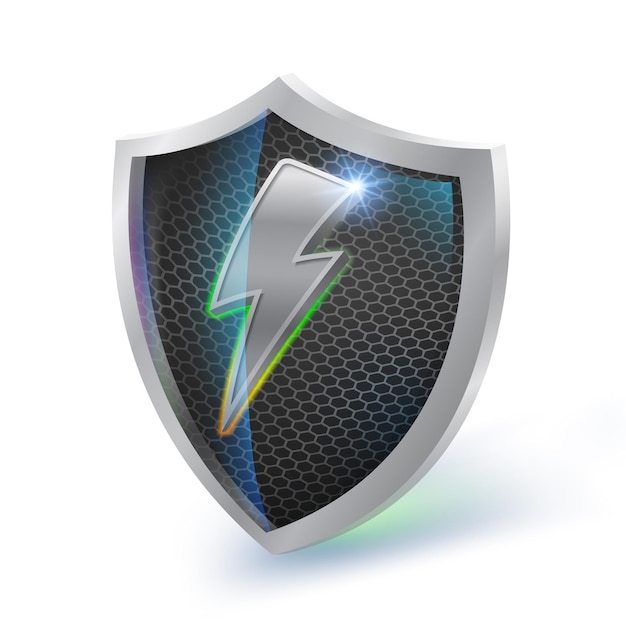 Silver energy shield with silver lightning with glowing light on white isolated background