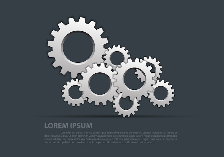 Vector silver gears overlap on gray industrial background