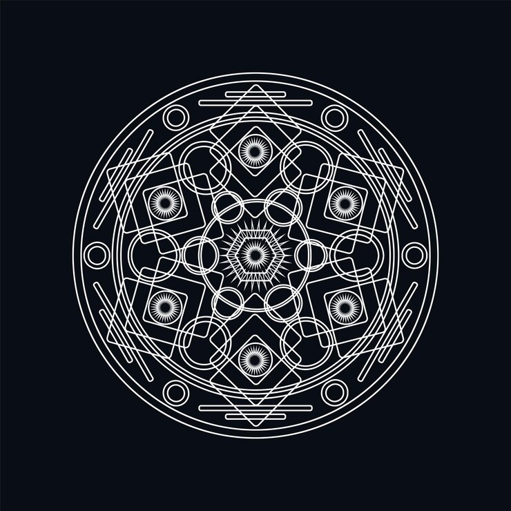 Vector silver geometric mandala lineart illustration isolated on black. traditional motive. boho tattoo