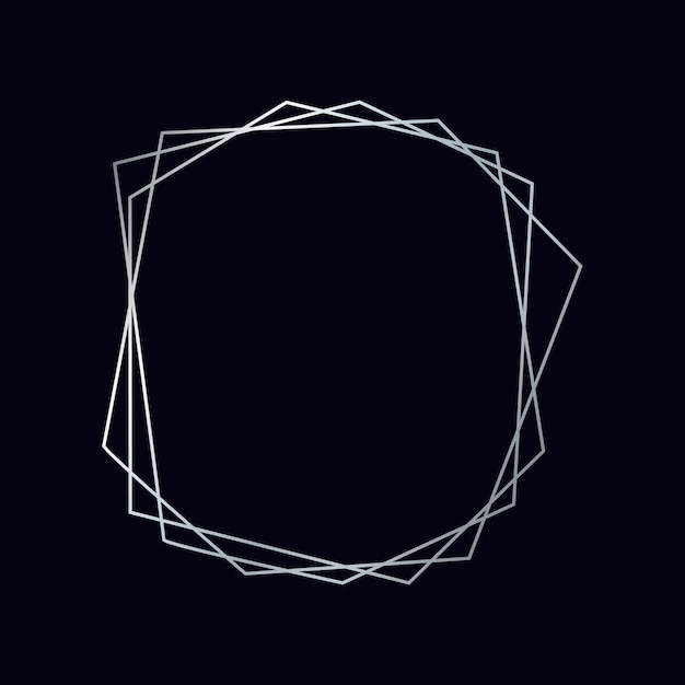 Серебряная геометрическая многоугольная рамка с блестящими эффектами на темном фоне. Пустой светящийся фон в стиле ар-деко. Векторная иллюстрация.