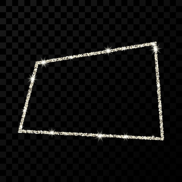 Серебряная блестящая рамка. прямоугольная рамка с блестящими звездами и блестками на темном прозрачном фоне. векторная иллюстрация
