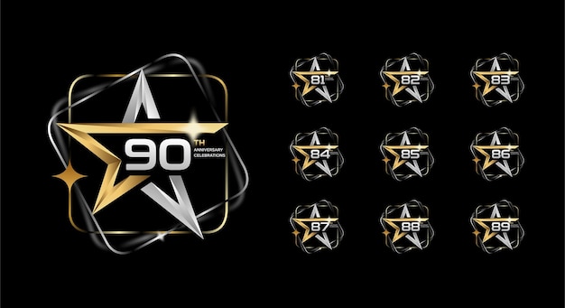 Logo stella oro argento con i numeri di compleanno 81, 82, 83, 84, 85, 86, 87, 89, 90