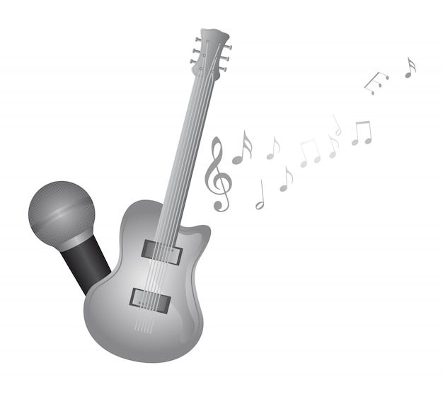 Silver guitar and microphone with music notes vector