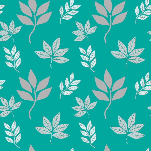 Silver leaves seamless pattern on green background Geometric leaf line seamless patterns vintage