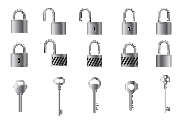 silver lock and keys set. Padlock set with keys. set of locks with keys.