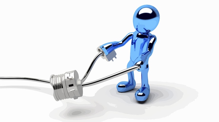 Vector silver man holding big blue electric plug professional stock photo