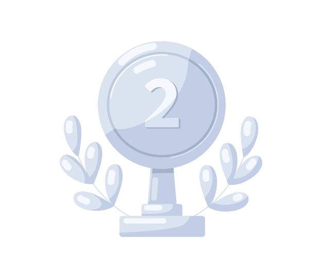 Silver medal stand with number two 2. award for second 2nd place. metal reward with laurel leaf branch and leg. prize-winners trophy. flat graphic vector illustration isolated on white background.