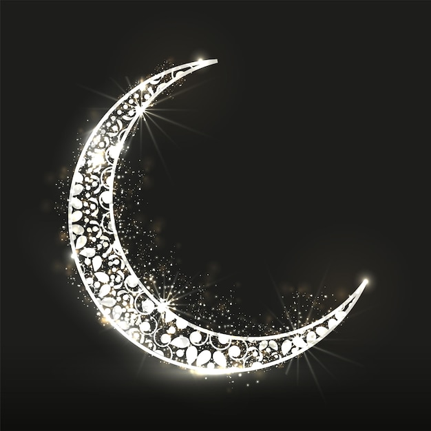 Premium Vector | Silver ornament crescent moon with lights effect on black  background and copy space