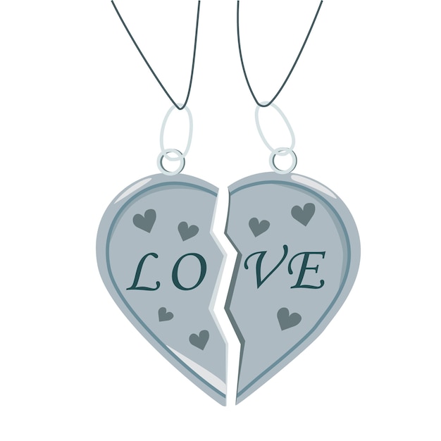 Vector silver pendant in the shape of a heart the concept of unity couples pendant for lovers vector illustration