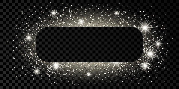 Silver rounded rectangle frame with glitter, sparkles and flares on dark transparent  background. empty luxury backdrop. vector illustration.