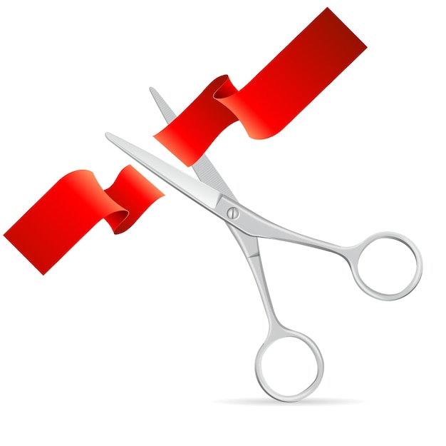 Vector silver scissors cut red ribbon.