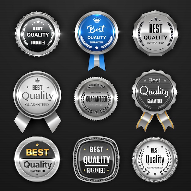 Vector silver seal, medal, award, mark, badge and labels