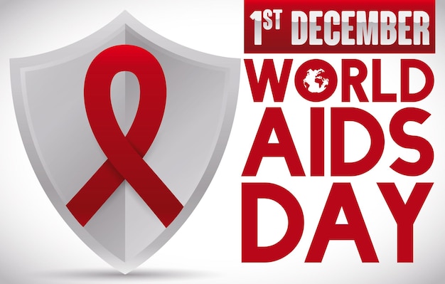 Silver shield with a red ribbon on it promoting awareness and prevention for World AIDS Day