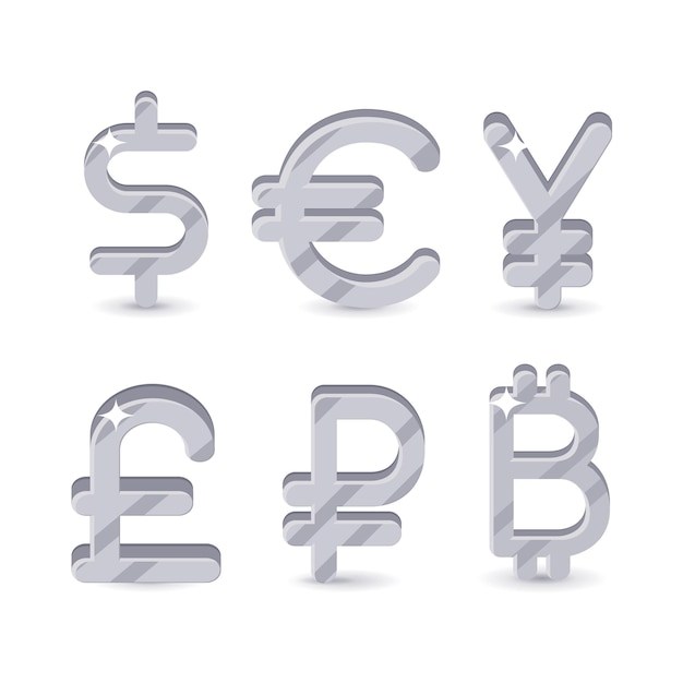 Silver signs world currencies Set of six icons dollar euro yuan pound ruble and bitcoin isolated on white background Global money symbol Vector illustration