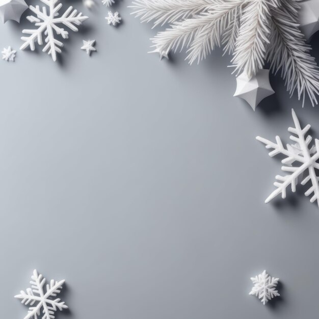 Серебряные снежинки и еловые ветви на белом фоне плоское пространство для текста серебряная снеговая фла