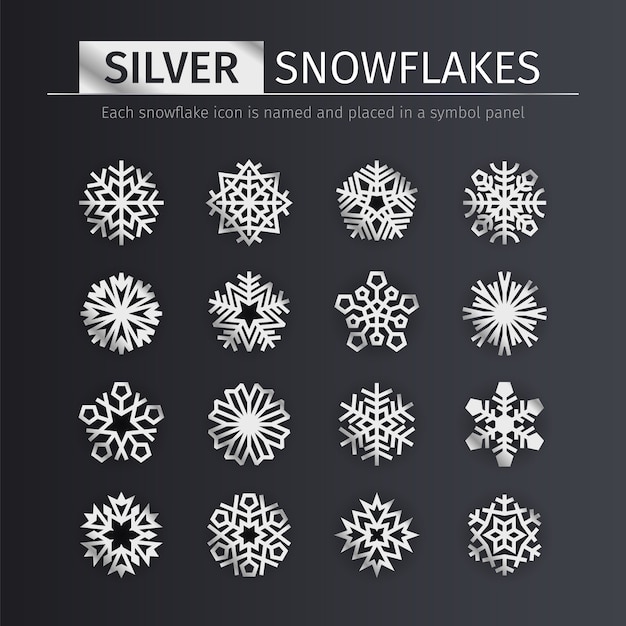 Silver snowflakes icons set