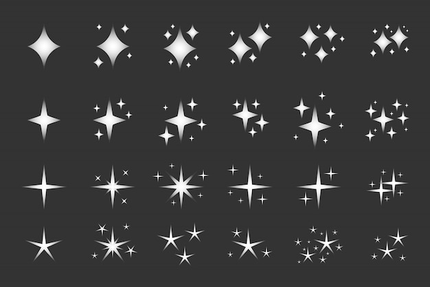 Silver sparkles icons set. Star ray elegant twinkle shape. Original decorative element. Sparkle lights stars, glitter flare magic glowing light effect