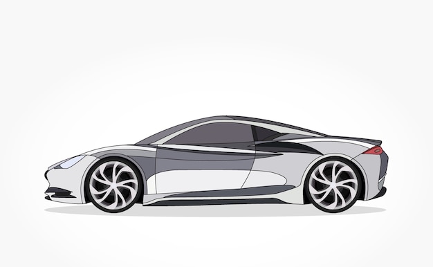 silver sports car cartoon with detailed side and shadow effect