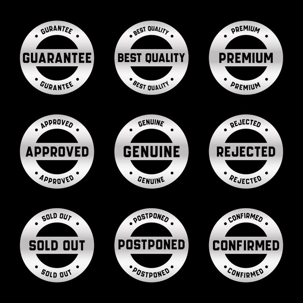 Vector silver stamp design set premium quality guaranteed approved sold out postponed confirmed gen