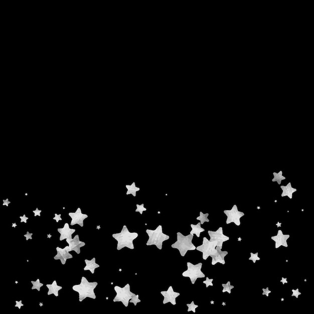 Silver star confetti. Falling starry anniversary background. Grey and black vector christmas card. Random silver stars on black background. Dark sky with white shiny watercolor stars. Flying confetti.