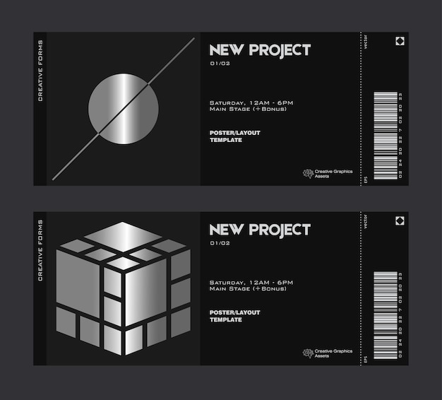 Silver ticket vector template. Brutalism-inspired graphics. Great for branding presentation, poster.