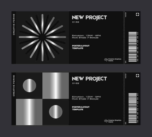 Silver ticket vector template. brutalism-inspired graphics. great for branding presentation.