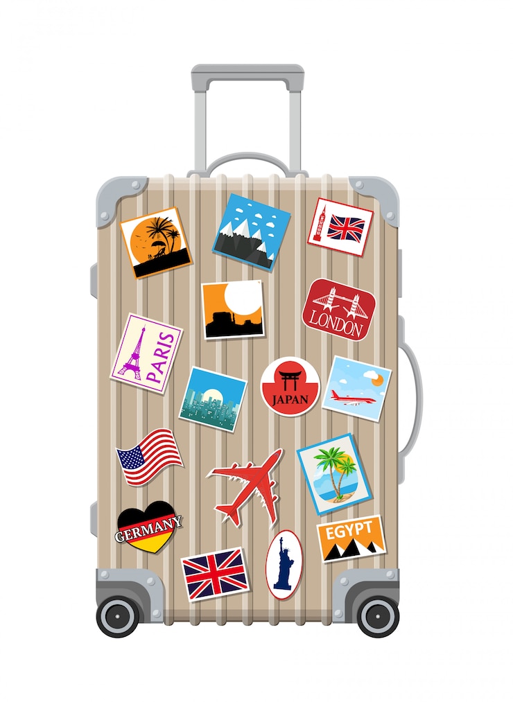 Vector silver travel bag. plastic case with stickers.
