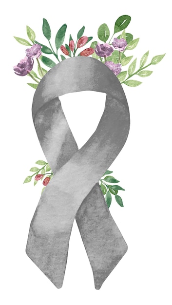 Silver watercolor ribbon with flowers breast cancer prostate cancer silver abstract ribbons banners